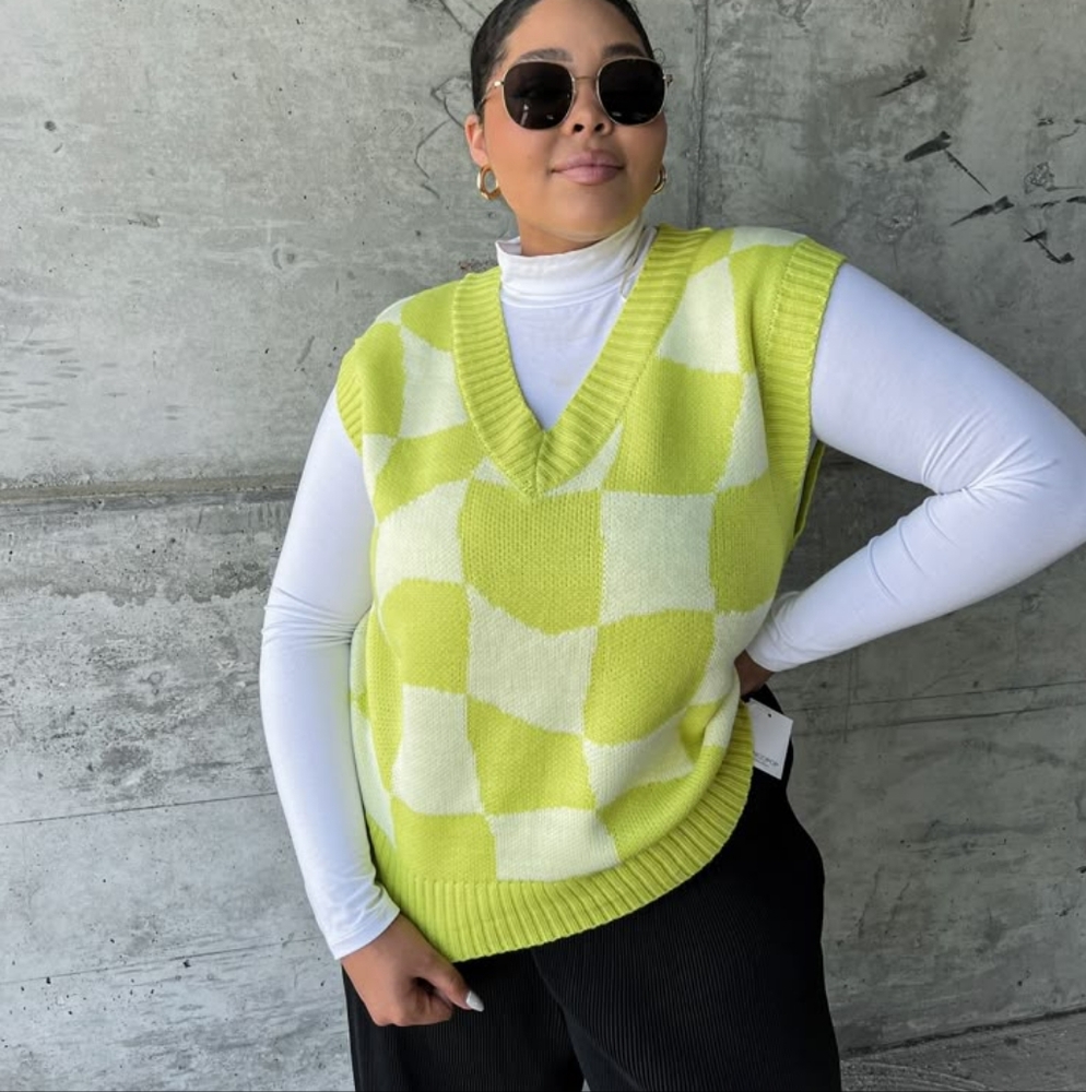 Double Zero Lime Green and Cream Checker V-Neck Sweater Vest
